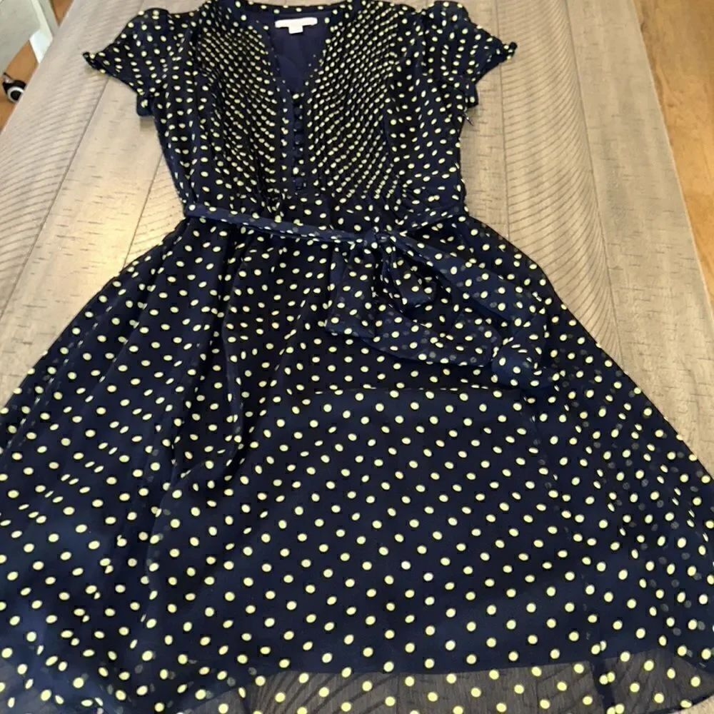 Romantic💘Polka Dot Chiffon over Lining bow tie 👗Navy/Citron Day to Night!